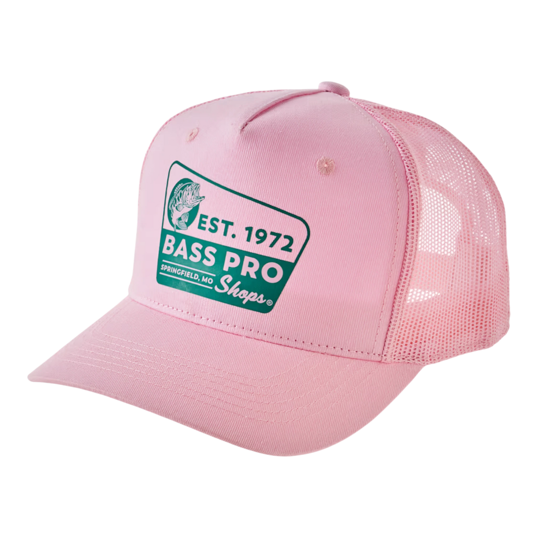 HypeSelection pink trucker cap with vintage Bass Pro Shops patch and mesh back panels.