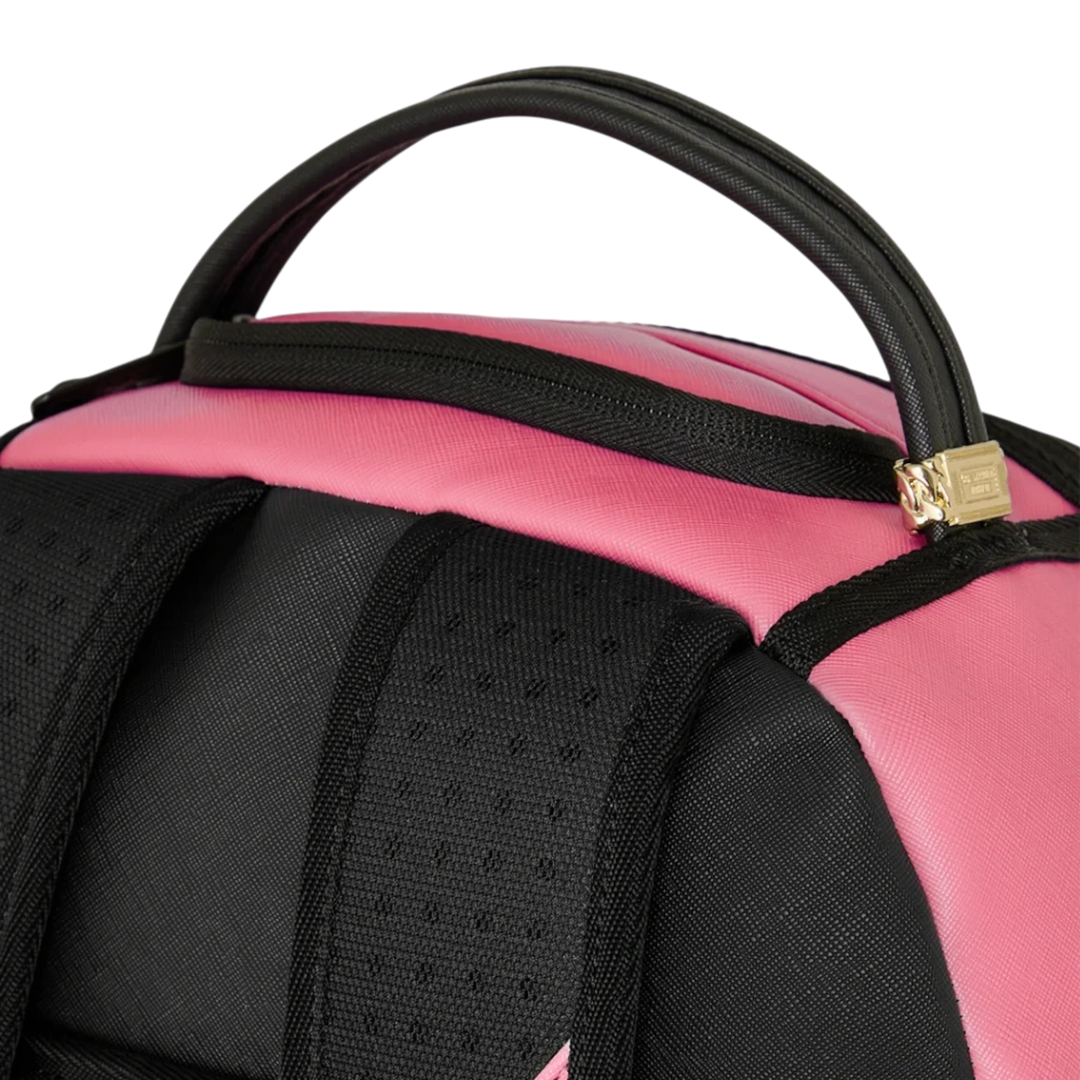 HypeSelection pink and black Sprayground Shark Central backpack top handle and shoulder straps detail