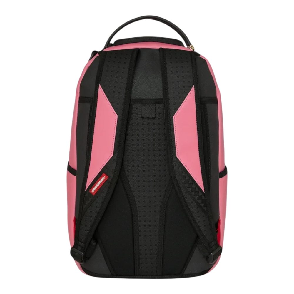 HypeSelection pink and black Sprayground Shark Central backpack showing the padded back panel and adjustable straps
