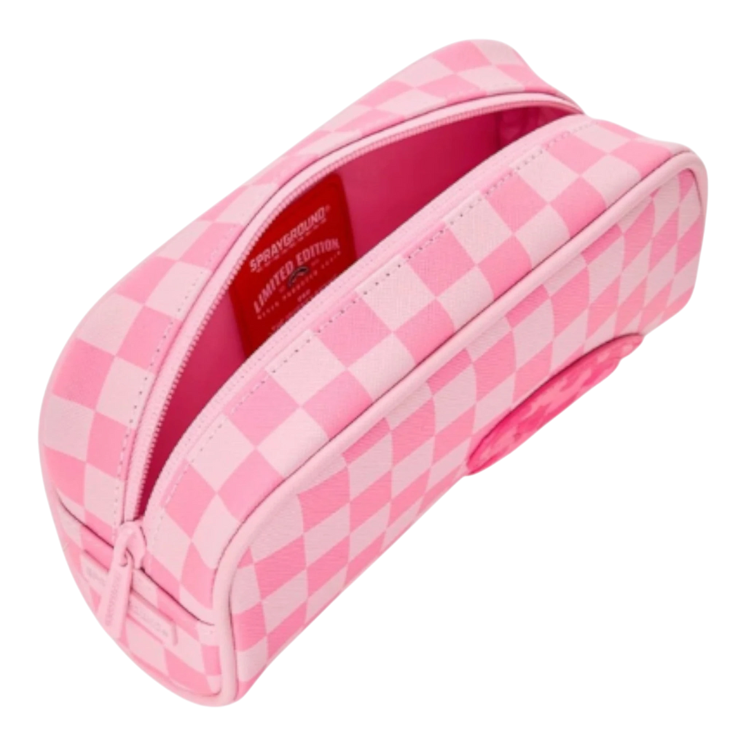 HypeSelection pink checkered pouch with iconic shark mouth design and patch detailing. Limited edition.