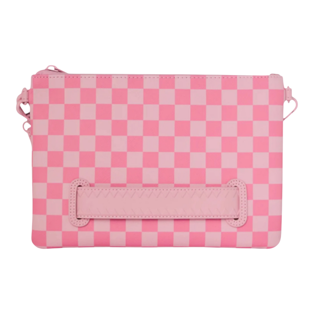 HypeSelection pink checkered clutch with a pink strap detail and zip closure. Made of durable synthetic leather.