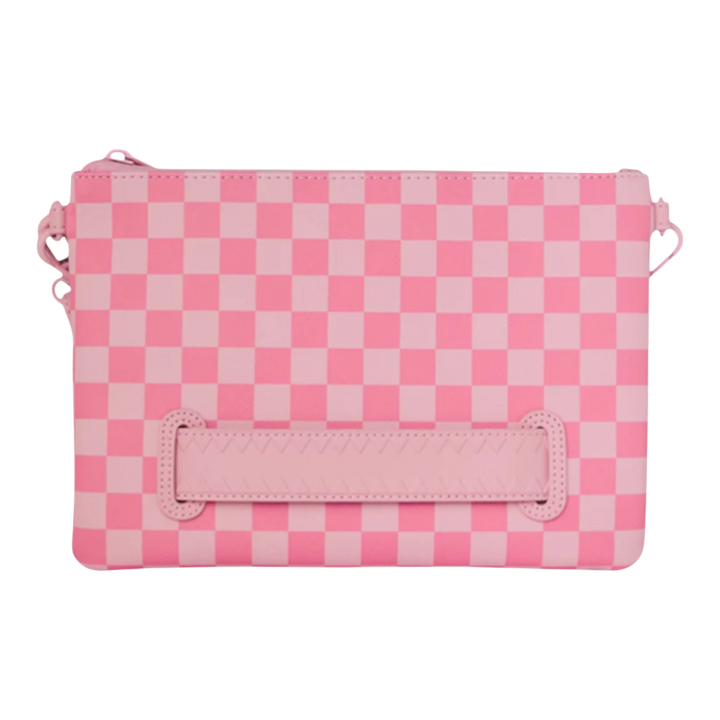 HypeSelection pink checkered clutch with a pink strap detail and zip closure. Made of durable synthetic leather.