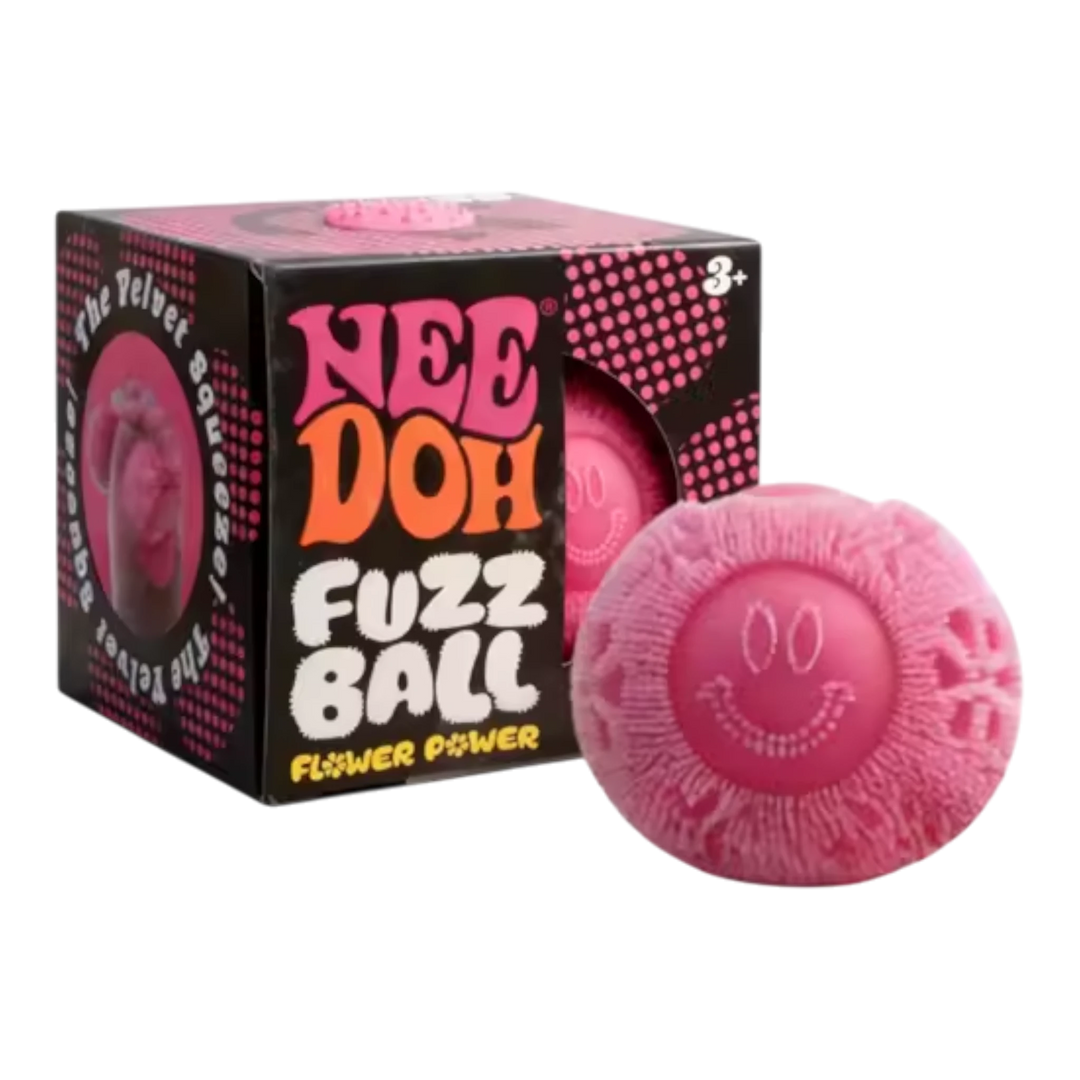 HypeSelection NeeDoh Fuzzball sensory fidget toy in pink with a smiley face, velvet texture, and slow-rising squish.
