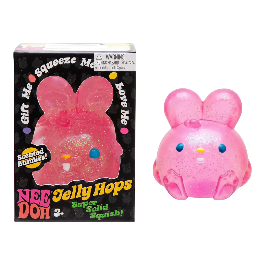 HypeSelection pink glittery bunny-shaped NeeDoh Jelly Hop sensory squeeze toy next to its branded display box.