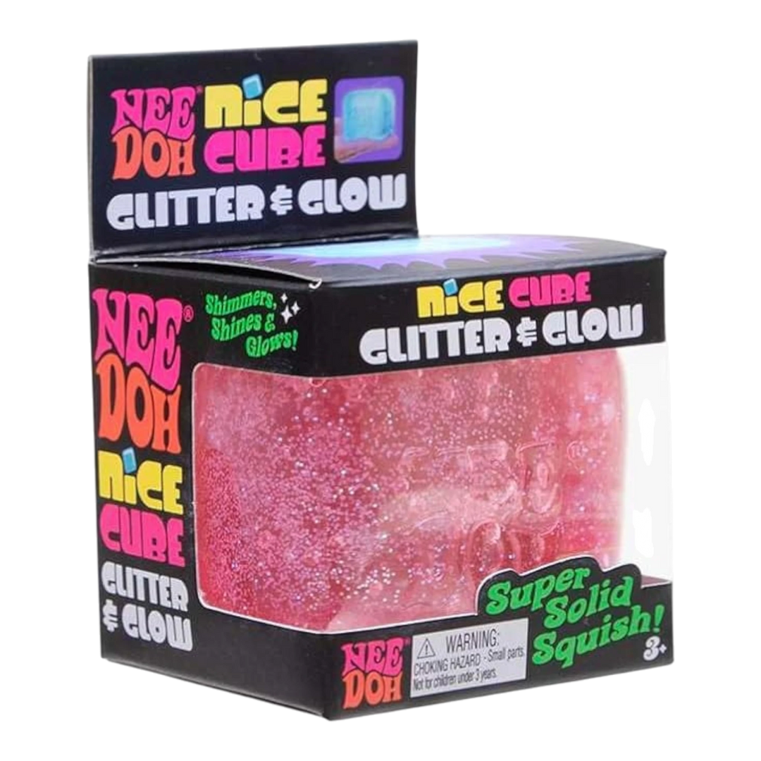 NeeDoh Nice Cube Glitter & Glow sensory fidget toy in pink with embedded glitter and glow-in-the-dark features.