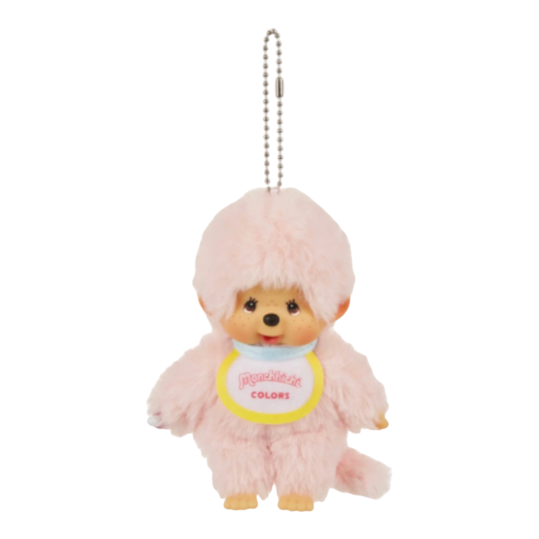 HypeSelection Monchhichi Colors pink plush keychain with "Monchhichi COLORS" bib and ball chain attachment.