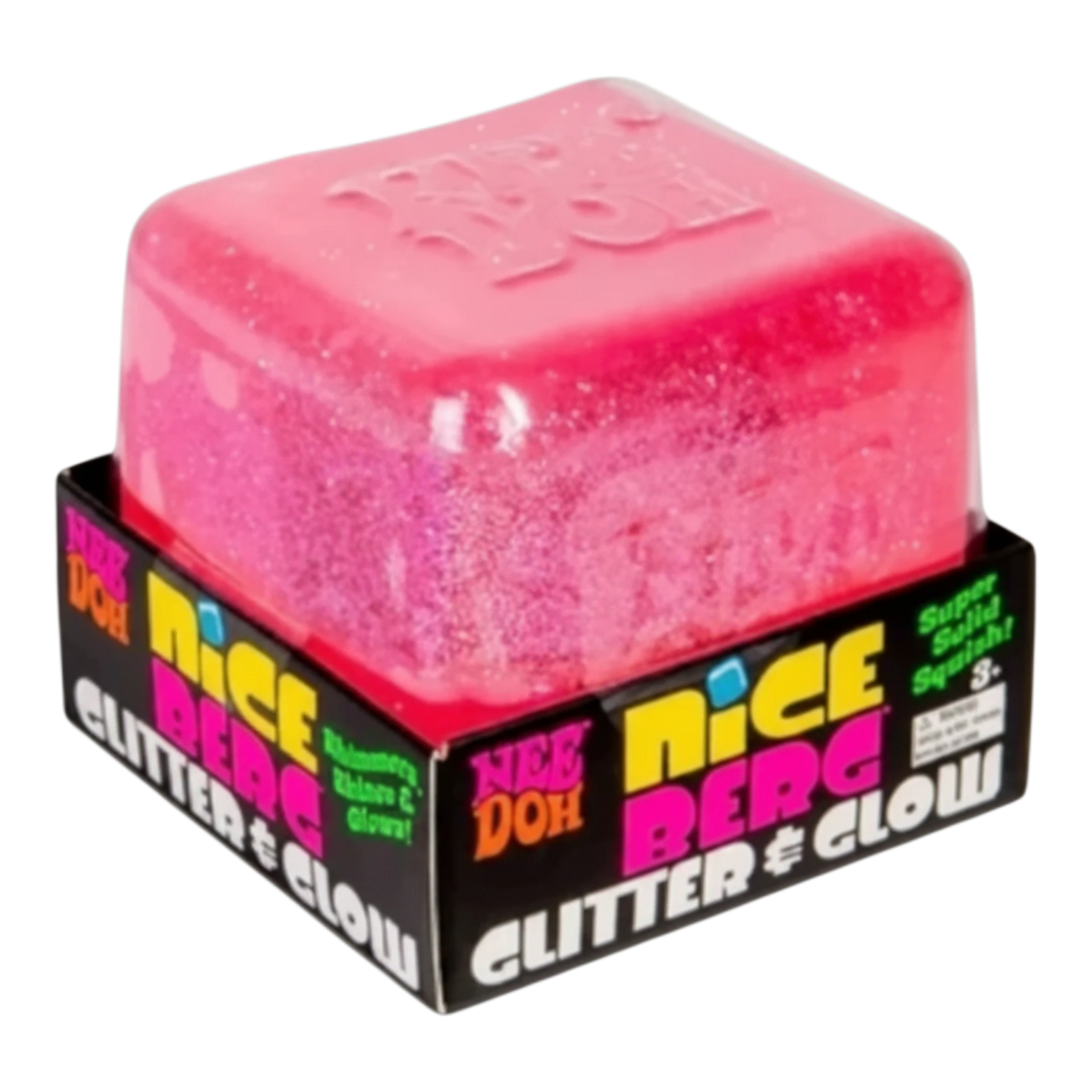 HypeSelection pink NeeDoh Niceberg Glitter & Glow large squishy cube with embedded glitter and glow-in-the-dark finish.