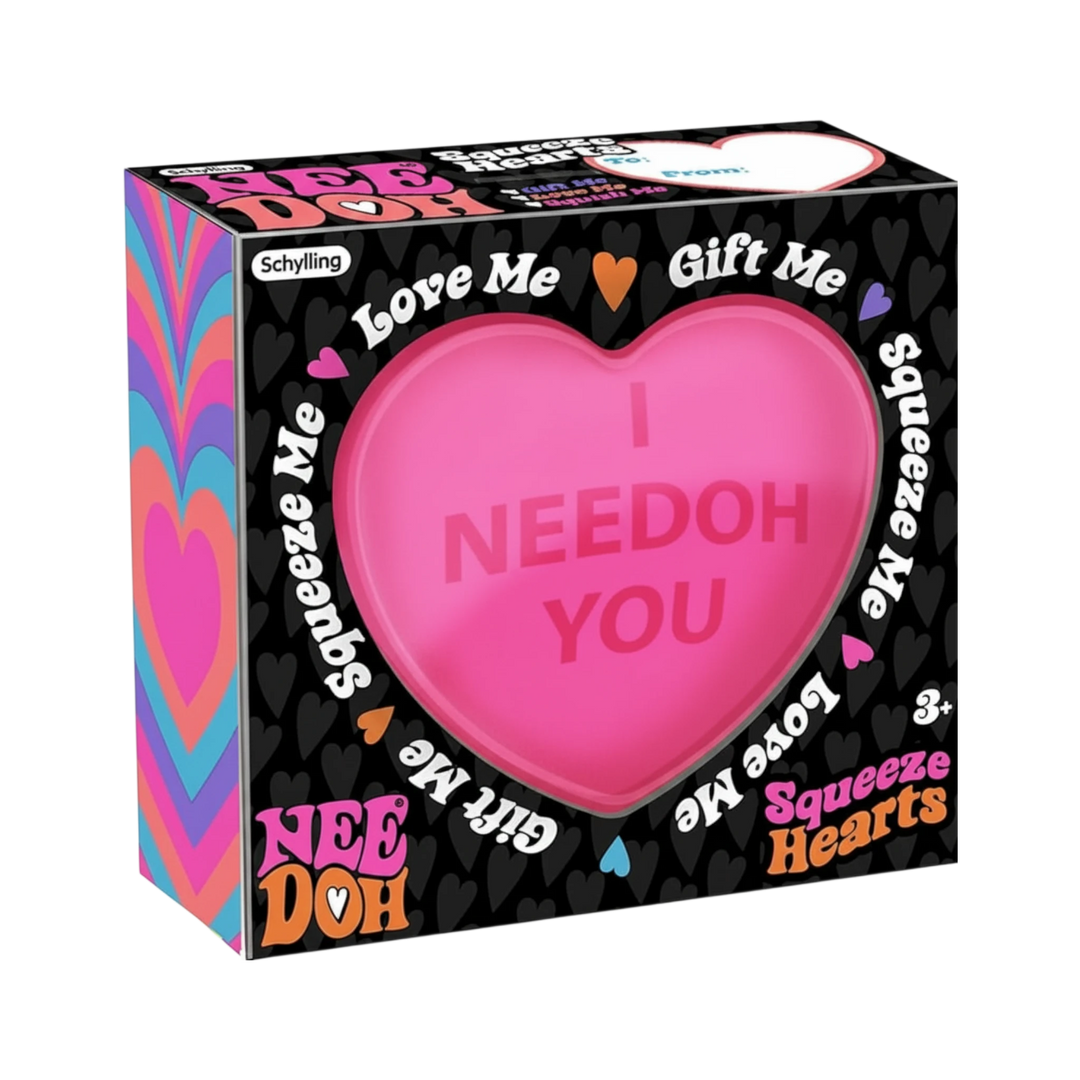 HypeSelection NeeDoh Squeeze Heart sensory toy, pink, embossed with "I NEEDOH YOU", candy heart shape, TPR outer shell, dough-like compound inside.
