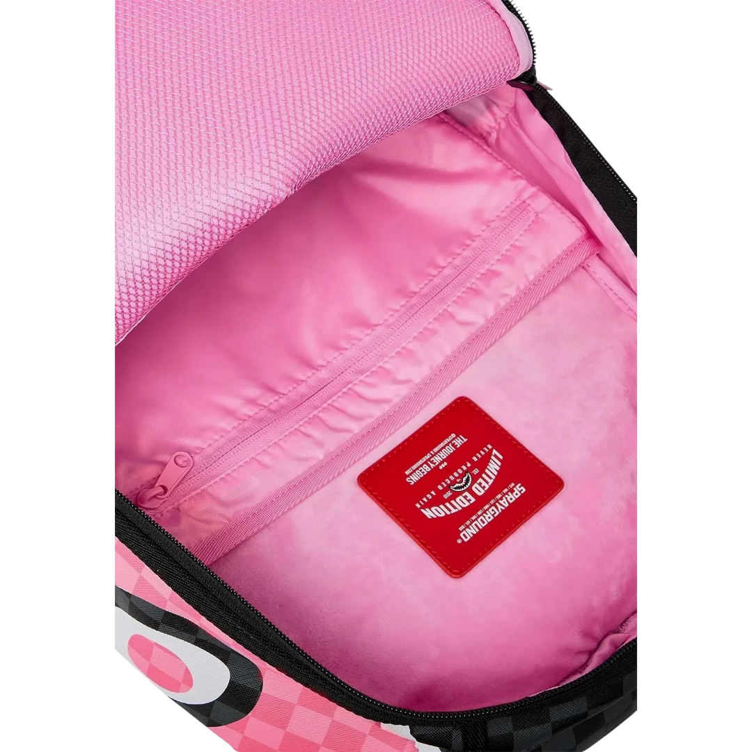 HypeSelection Sprayground Pink Panther backpack interior with pink lining, mesh pocket, and red limited edition patch