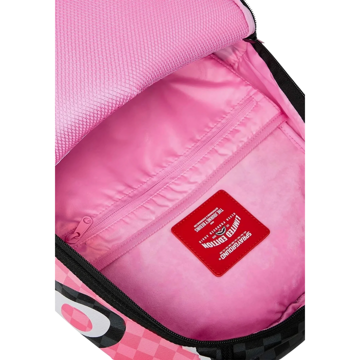 HypeSelection Sprayground Pink Panther backpack interior with pink lining, mesh pocket, and red limited edition patch