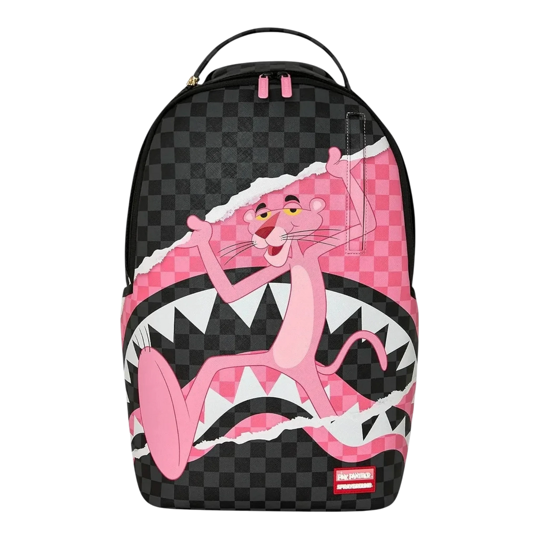HypeSelection Sprayground Pink Panther backpack with black and pink checkered pattern and shark mouth graphic design