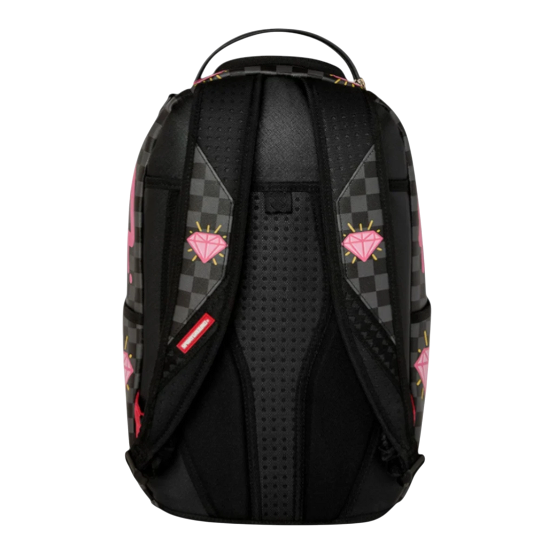 HypeSelection backpack with Pink Panther drippy diamonds graphic on a black and grey checkered pattern. Padded straps.
