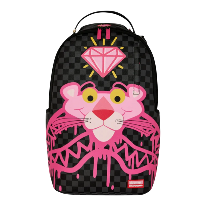 HypeSelection Pink Panther Drippy Diamonds backpack with black checkerboard pattern, pink panther graphic, and diamond.