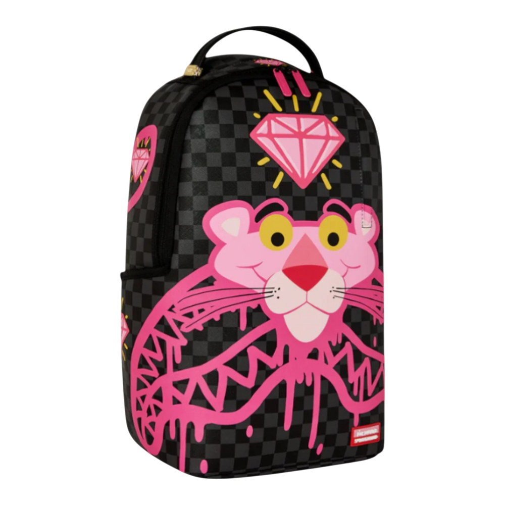 HypeSelection Pink Panther Drippy Diamonds backpack in black with grey checkerboard pattern, featuring Pink Panther graphic and pink diamond.