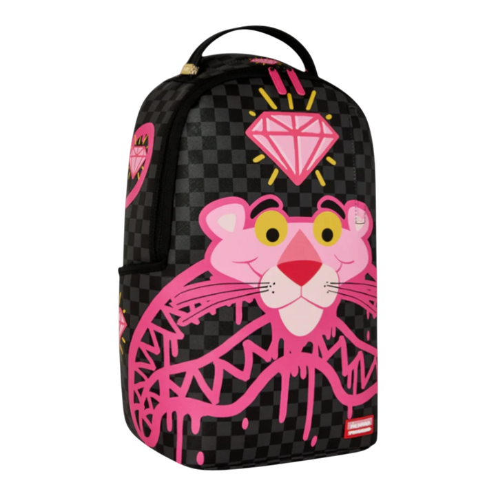 HypeSelection Pink Panther Drippy Diamonds backpack in black with grey checkerboard pattern, featuring Pink Panther graphic and pink diamond.