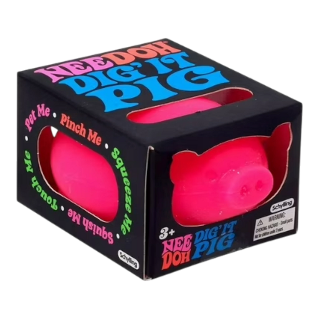 NeeDoh Dig' It Pig sensory fidget toy in bright pink, shaped like a pig with a dough-like compound inside. Made by Schylling.