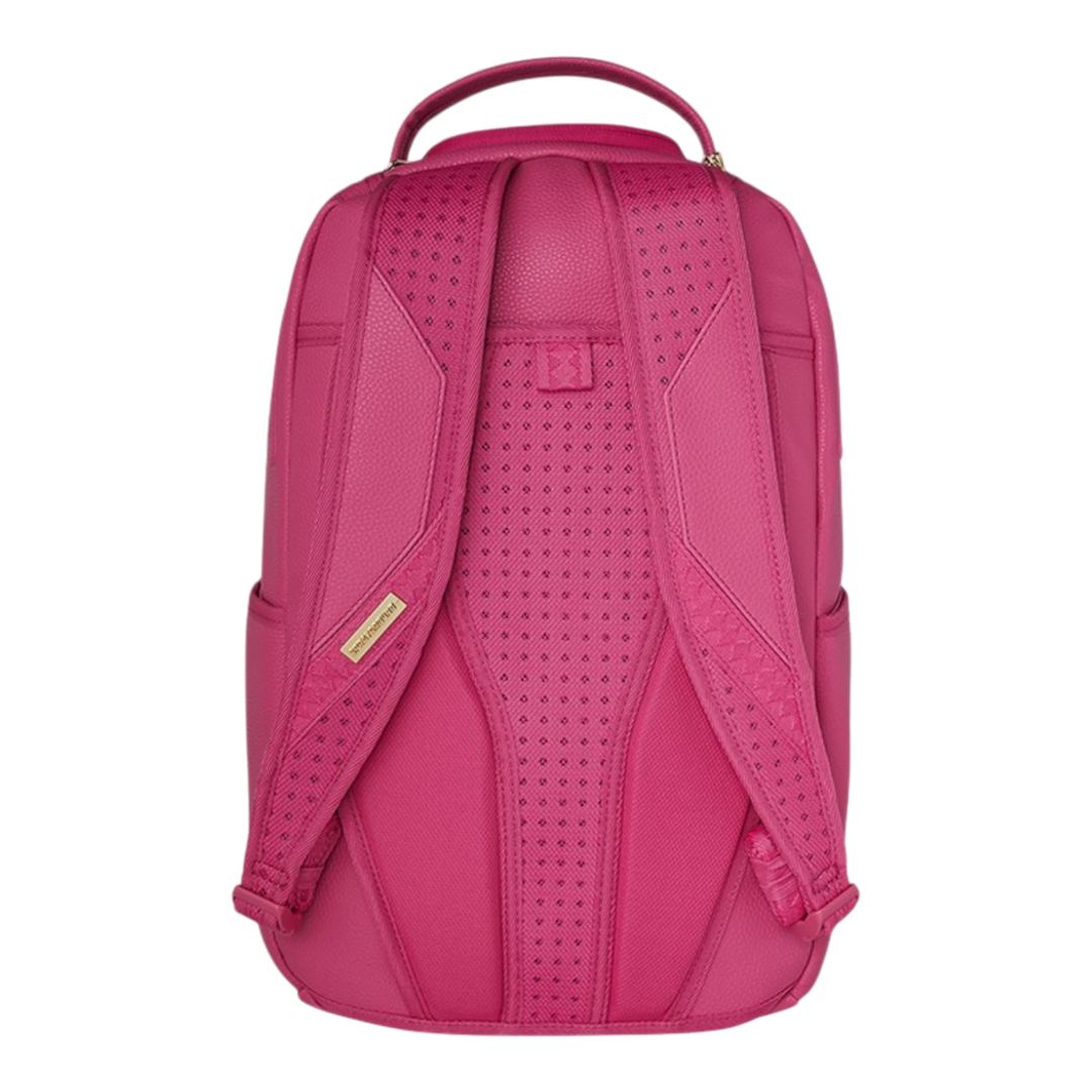 HypeSelection pink PVC backpack with padded straps and breathable back panel, featuring the iconic shark mouth design.