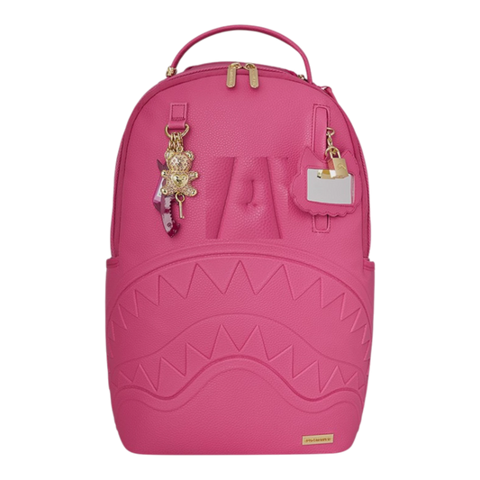 HypeSelection pink faux leather backpack with iconic shark mouth design and gold teddy bear charm.
