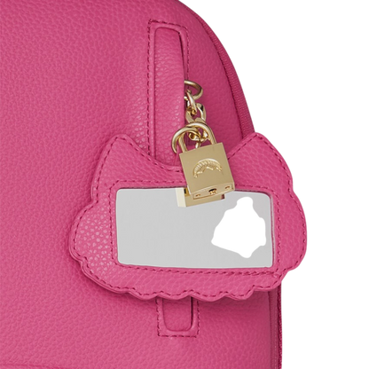 HypeSelection Sprayground pink PVC backpack with gold lock and shark detail on luggage tag.