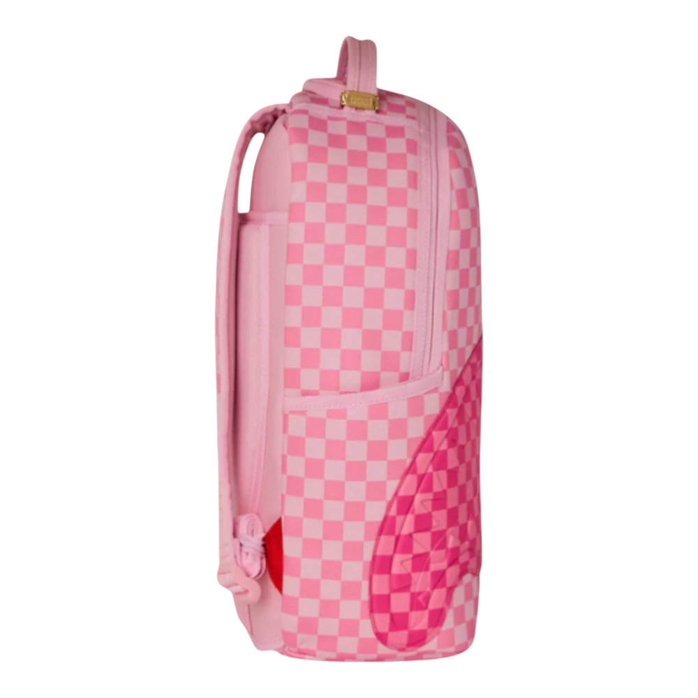 HypeSelection pink checkered vegan leather backpack with shark fin details and patch accents.