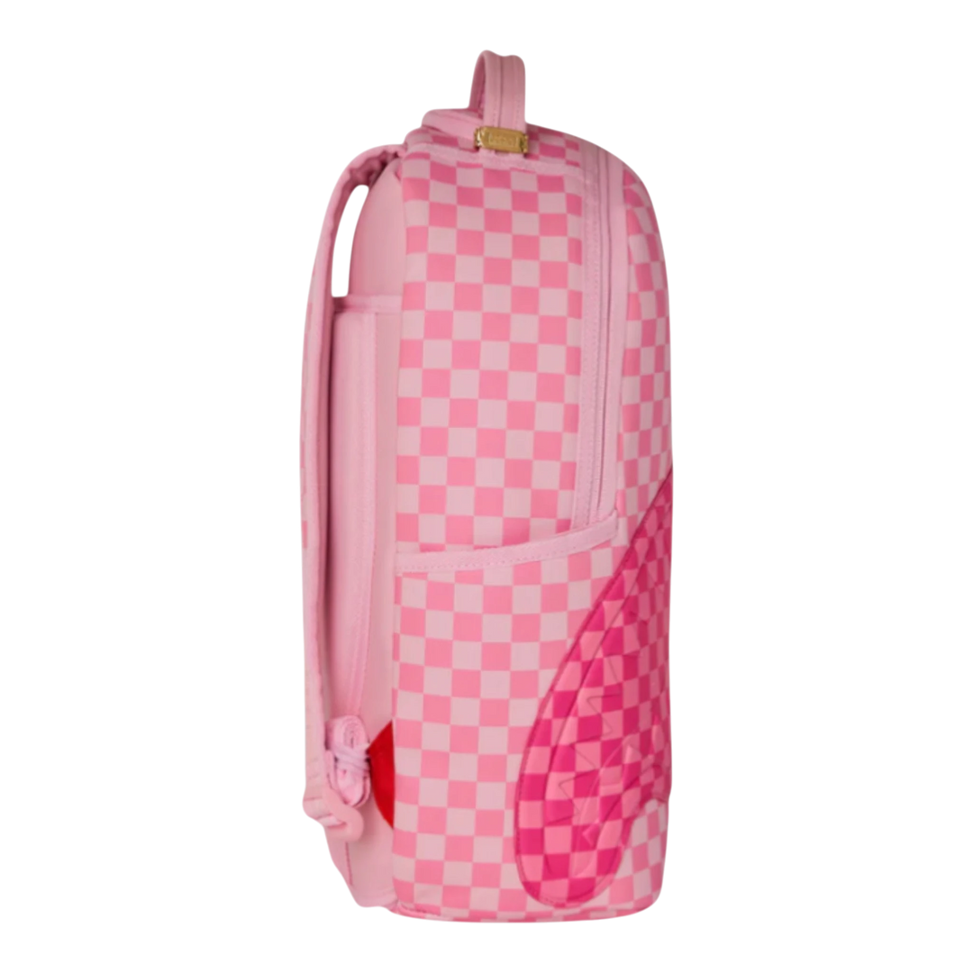 HypeSelection pink checkered vegan leather backpack with shark fin details and patch accents.