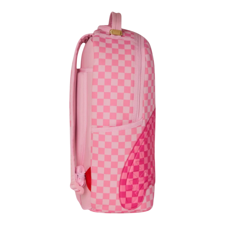 HypeSelection pink checkered vegan leather backpack with shark fin details and patch accents.
