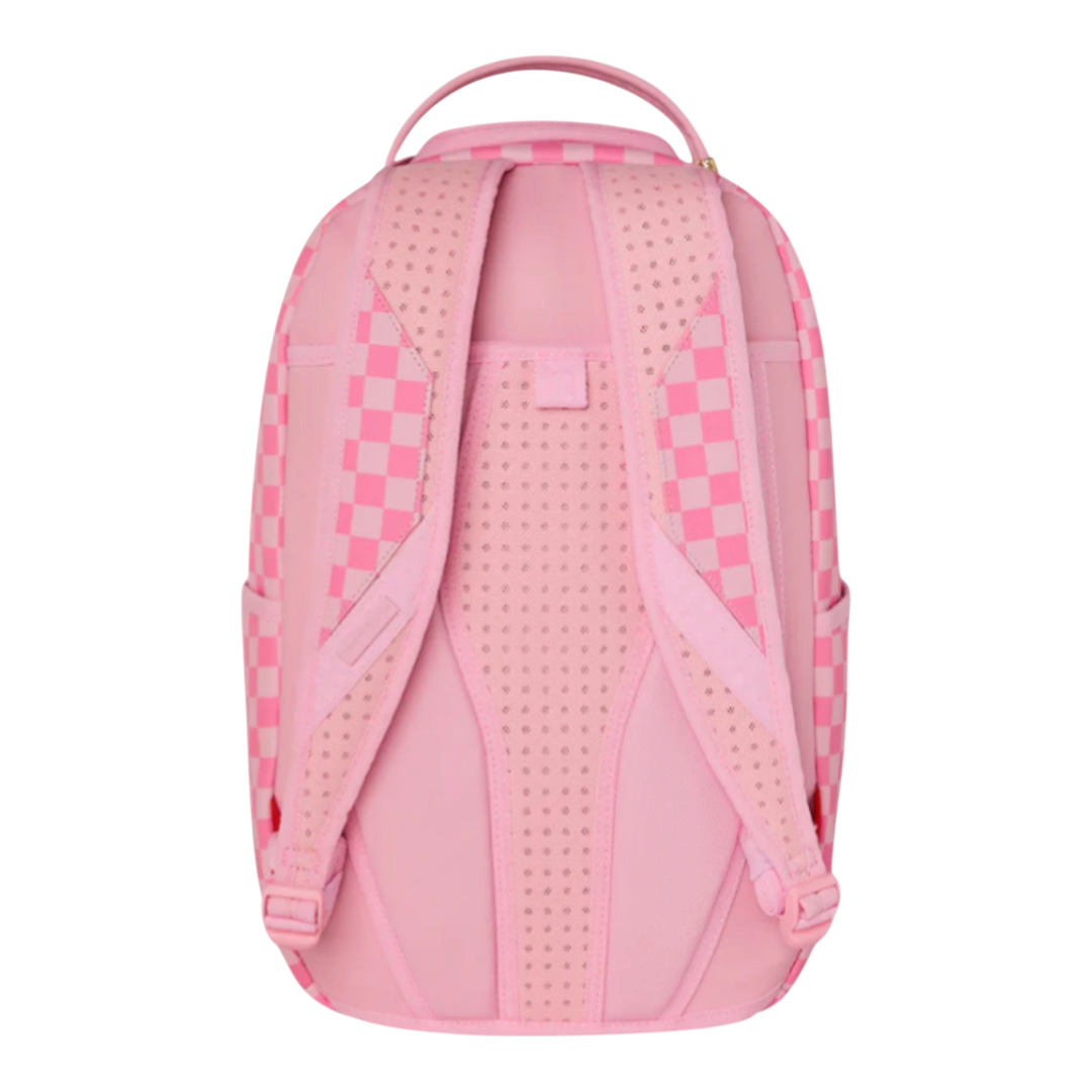 HypeSelection pink checkered backpack with padded straps and mesh back panel. Features signature shark design.