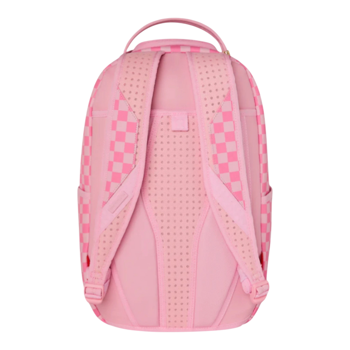 HypeSelection pink checkered backpack with padded straps and mesh back panel. Features signature shark design.