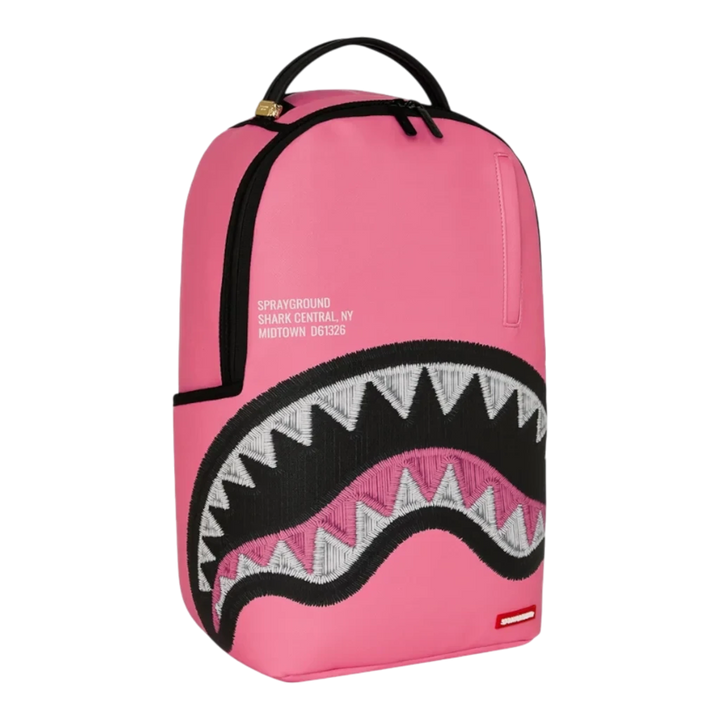 HypeSelection Sprayground Shark Central pink backpack with signature embroidered shark mouth graphic design