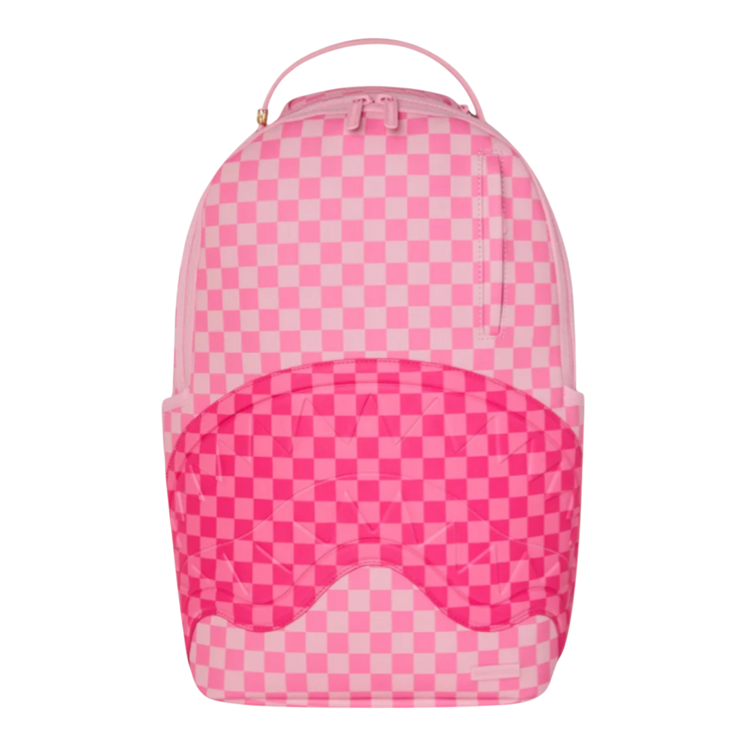 HypeSelection Pink Sharks In Paris checkerboard backpack with patch detailing and a front pocket.