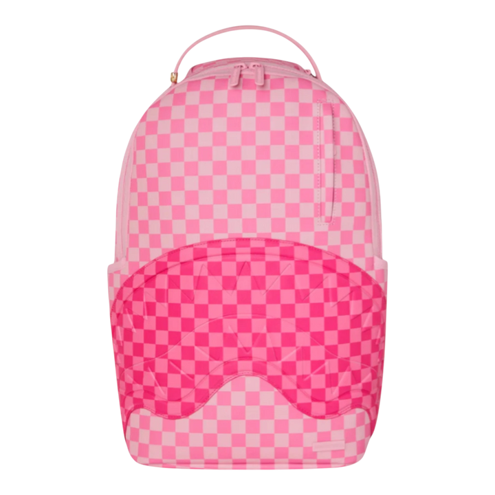 HypeSelection Pink Sharks In Paris checkerboard backpack with patch detailing and a front pocket.