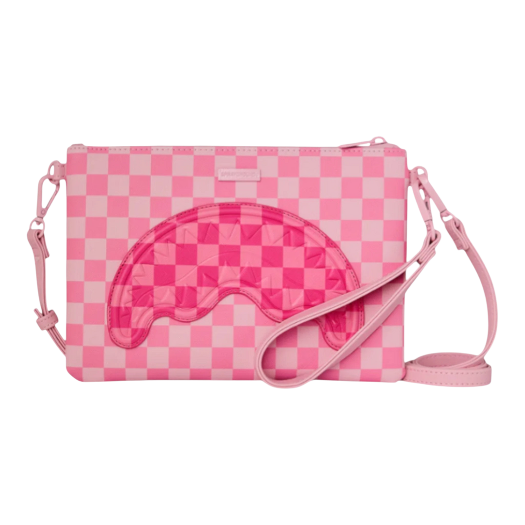 HypeSelection Pink Sharks In Paris Patch Crossover Clutch with checkered pattern and dripping shark graphic.
