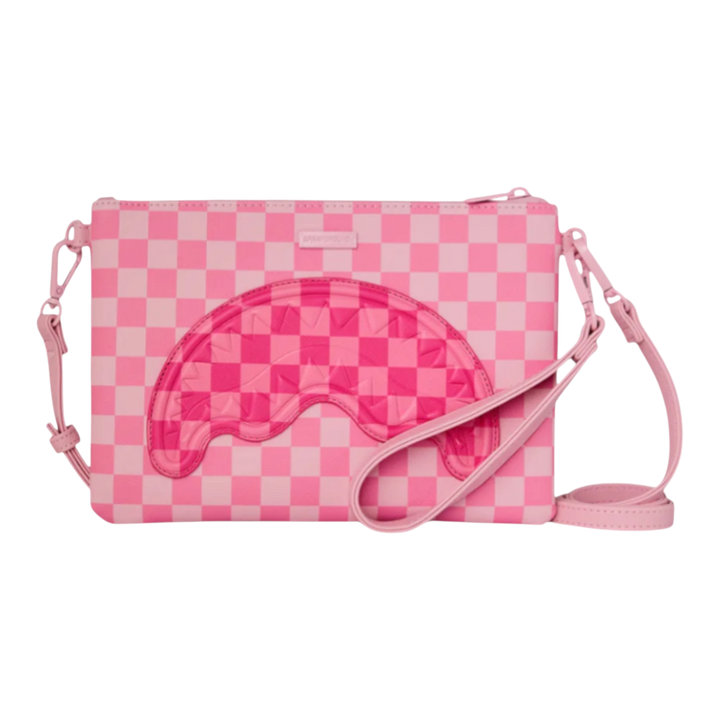 HypeSelection Pink Sharks In Paris Patch Crossover Clutch with checkered pattern and dripping shark graphic.