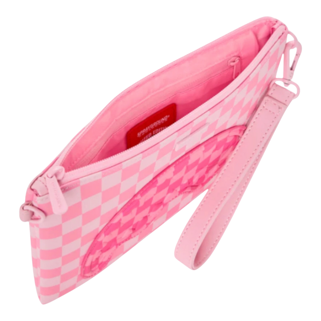 HypeSelection Pink Sharks In Paris Patch Crossover Clutch with checkered pattern and shark graphic.