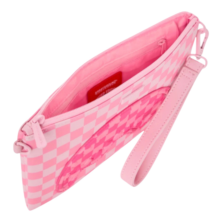 HypeSelection Pink Sharks In Paris Patch Crossover Clutch with checkered pattern and shark graphic.