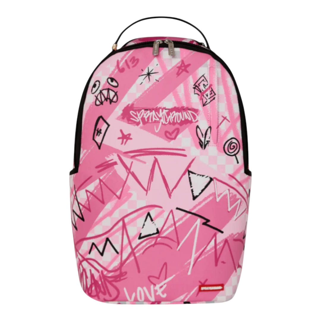 HypeSelection Sprayground pink smoke check backpack with graffiti-style graphics and a checkered pattern. Features a velour laptop compartment and gold-tone zippers.