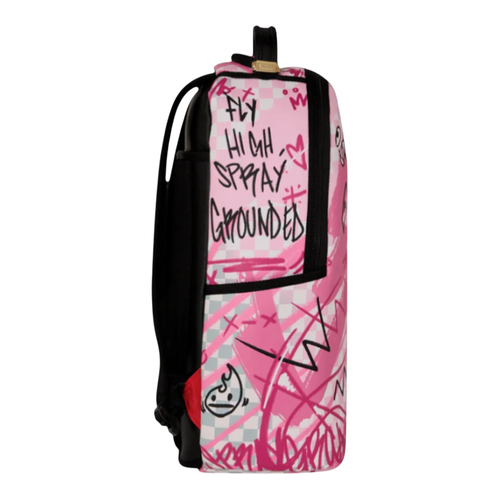 HypeSelection Pink Smoke Check Backpack with graffiti-style graphics and text.