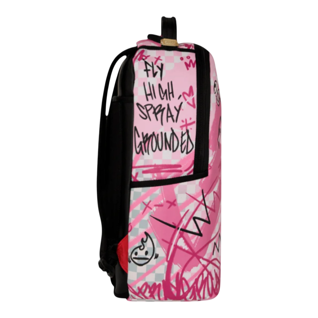 HypeSelection Pink Smoke Check Backpack with graffiti-style graphics and text.