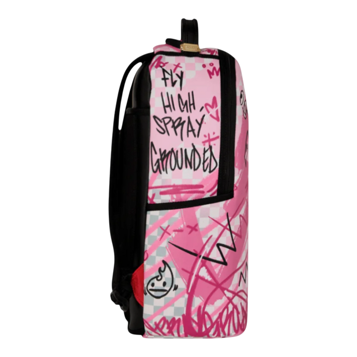 HypeSelection Pink Smoke Check Backpack with graffiti-style graphics and text.