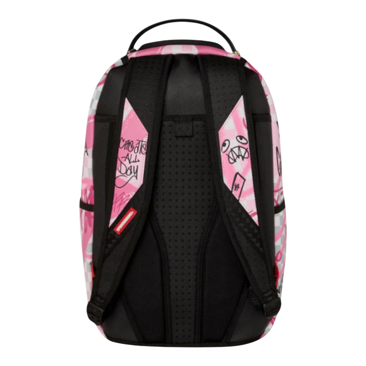 HypeSelection backpack with pink smoke check graphic, graffiti art, and black padded straps.