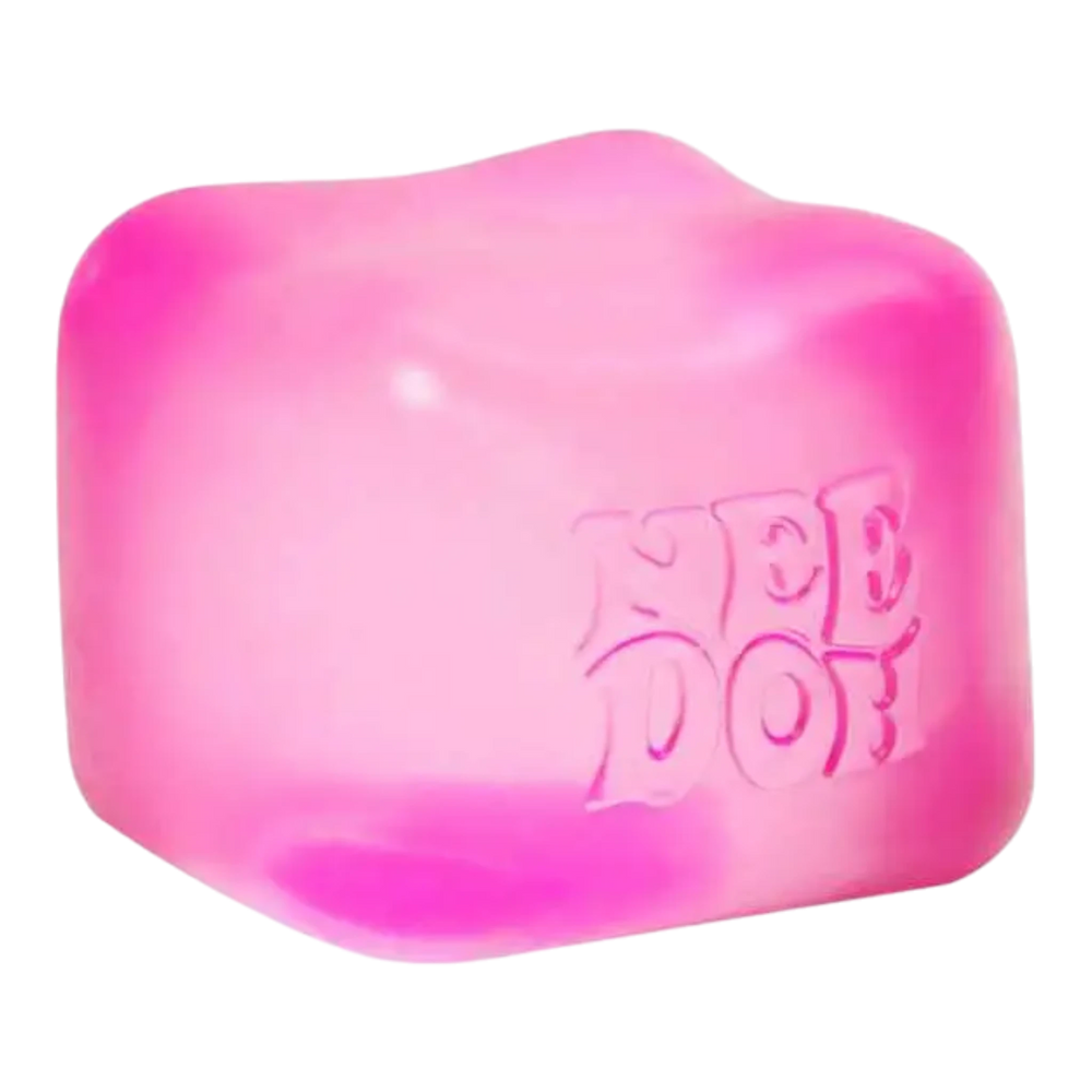 HypeSelection pink squishy cube fidget toy with NeeDoh logo embossed. Made of TPE with gel filling.