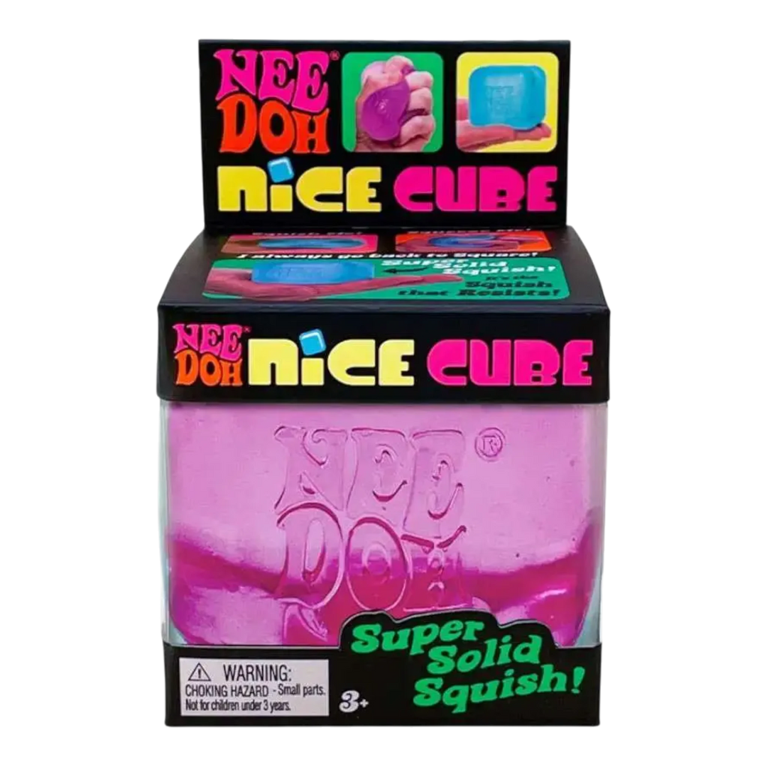 HypeSelection NeeDoh Nice Cube pink squishy fidget toy, a gel-filled TPE cube for stress relief and focus.