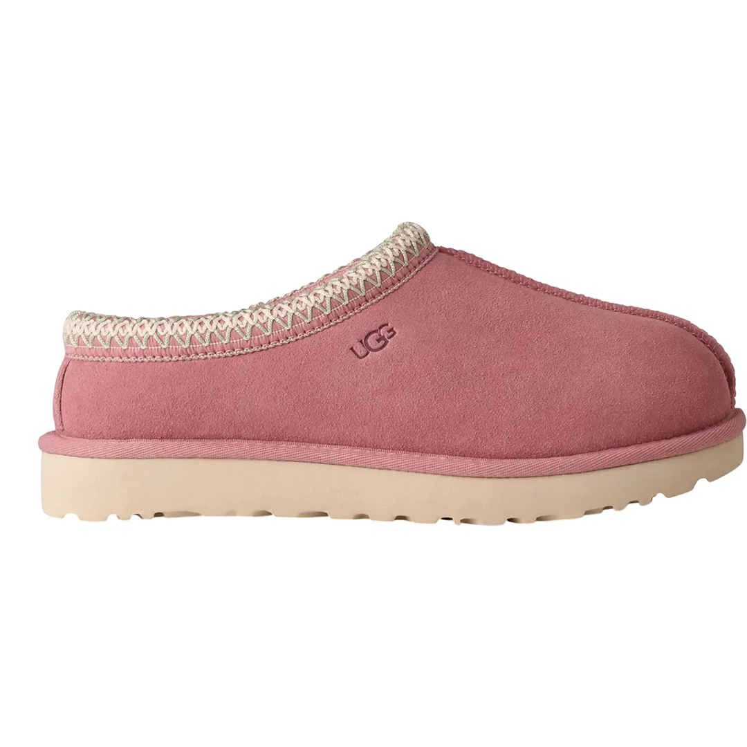 HypeSelection women's UGG Tasman II slipper in Horizon Pink suede with sheepskin lining and signature braid detail.