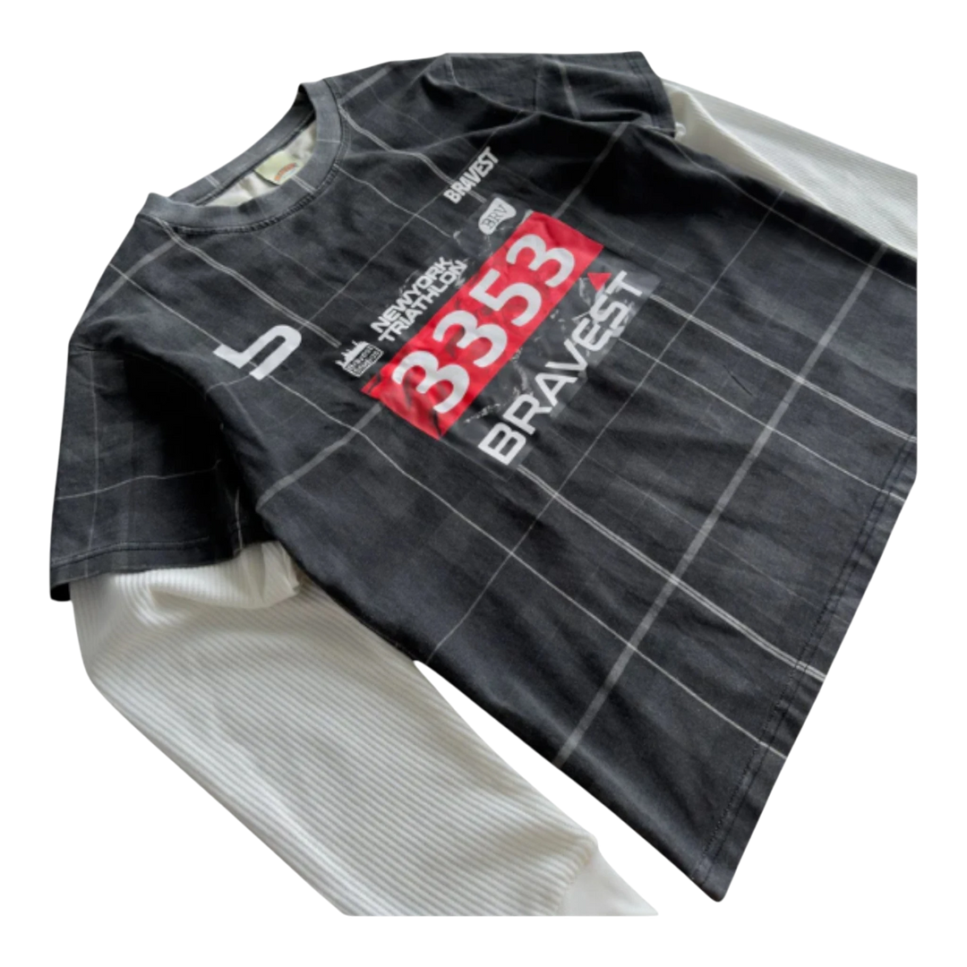 HypeSelection black plaid cotton jersey tee with white thermal sleeves and red 3353 graphic.