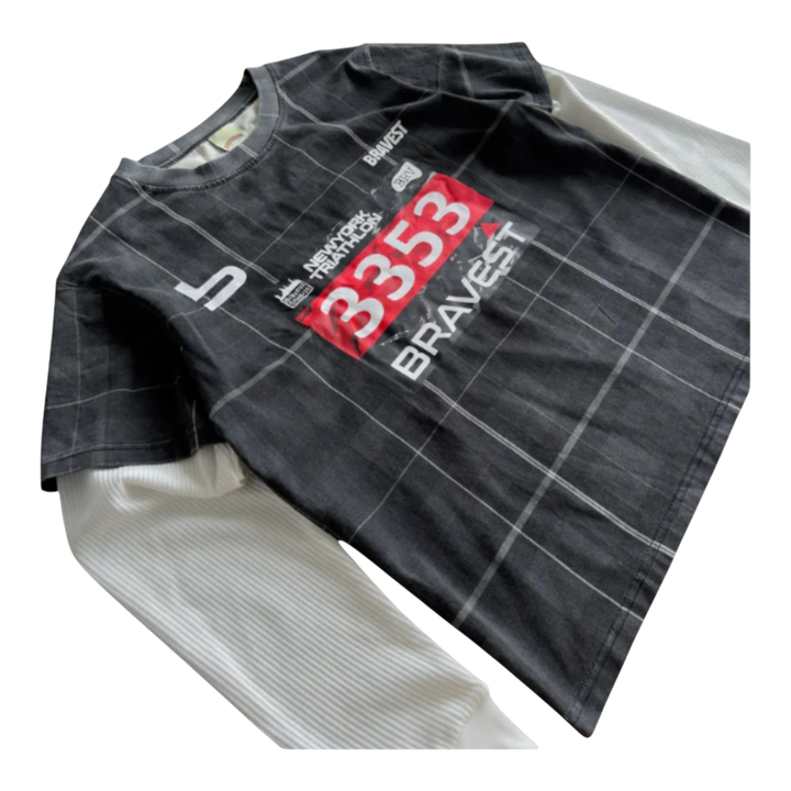 HypeSelection black plaid cotton jersey tee with white thermal sleeves and red 3353 graphic.
