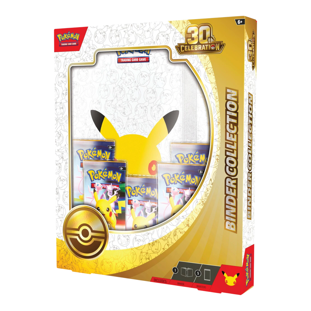 HypeSelection Pokémon TCG 30th Celebration Binder Collection with five booster packs and a 9-pocket card binder.