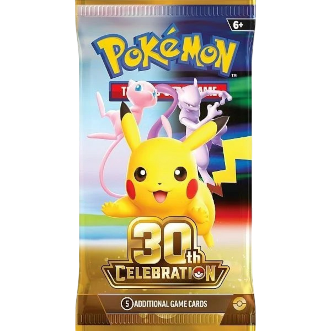 HypeSelection Pokémon TCG 30th Celebration sealed booster pack featuring Pikachu, Mew, and Mewtwo artwork.