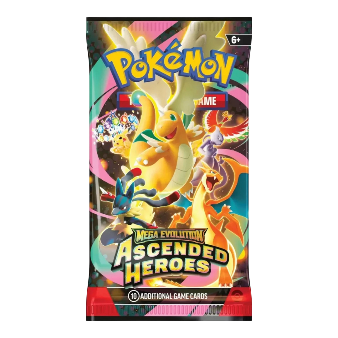 HypeSelection Pokémon TCG: Mega Evolution Ascended Heroes booster pack featuring Mega Dragonite ex, Charizard, Lucario, and Mewtwo.