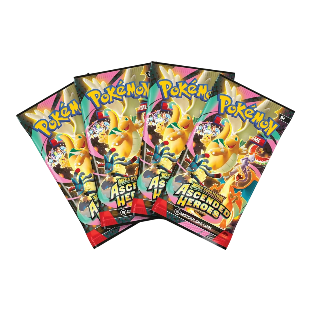 HypeSelection Pokémon TCG Mega Evolution Ascended Heroes booster packs featuring Mega Feraligatr ex, Dragonite, and Charizard.