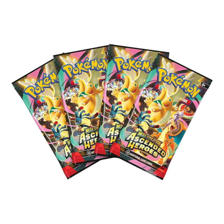 HypeSelection Pokémon TCG Mega Evolution Ascended Heroes booster packs featuring Mega Feraligatr ex, Dragonite, and Charizard.